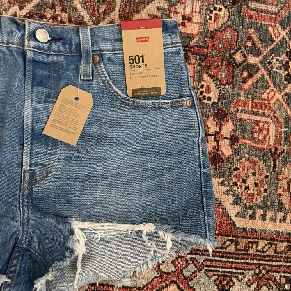 Levi’s 501 High Rise Women’s Shorts Size 28 Medium Wash Cut Off Blue Denim NWT - Picture 14 of 15